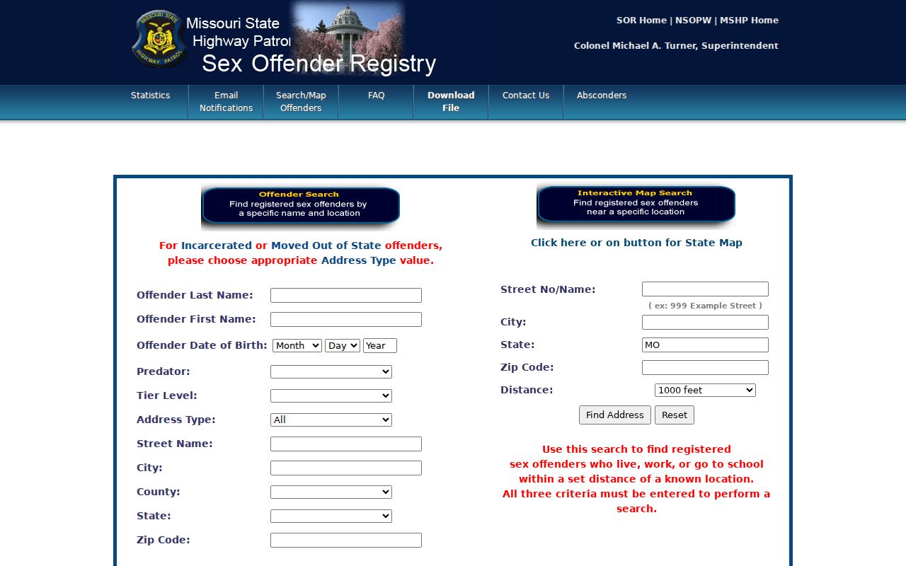 Raymore resident lookup view of Missouri registry search controls