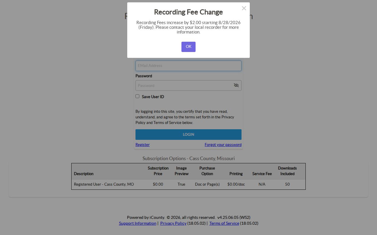 Raymore residents directory Cass County Recorder deed index sign-in