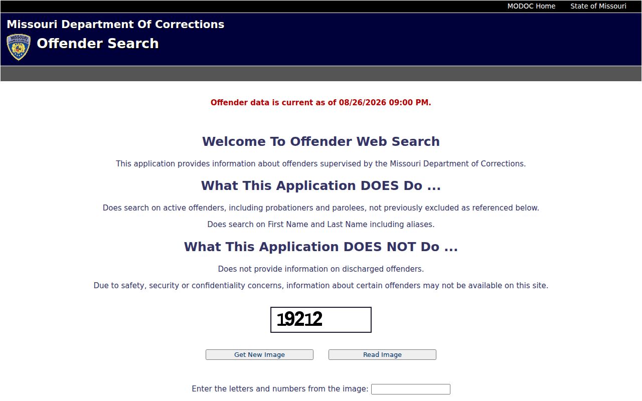 Raymore resident lookup view of Missouri DOC search fields
