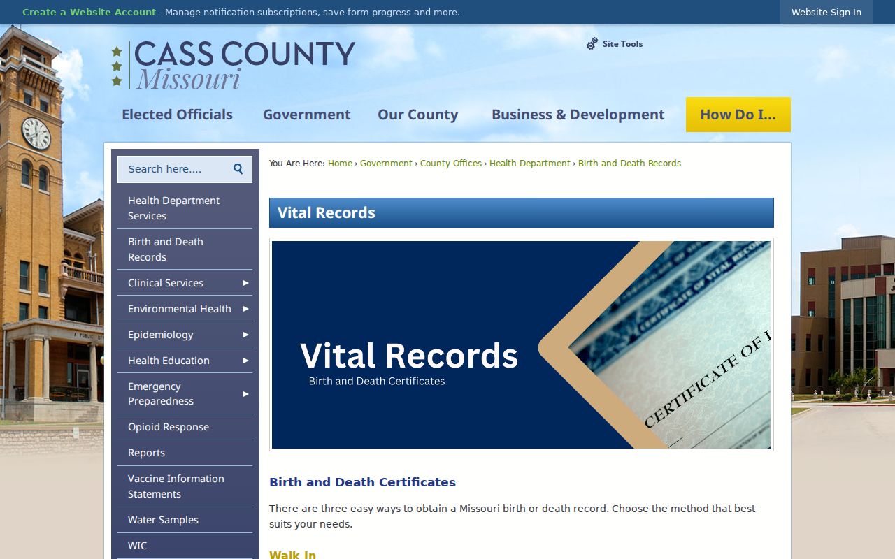 Raymore residents directory Cass County vital record application information
